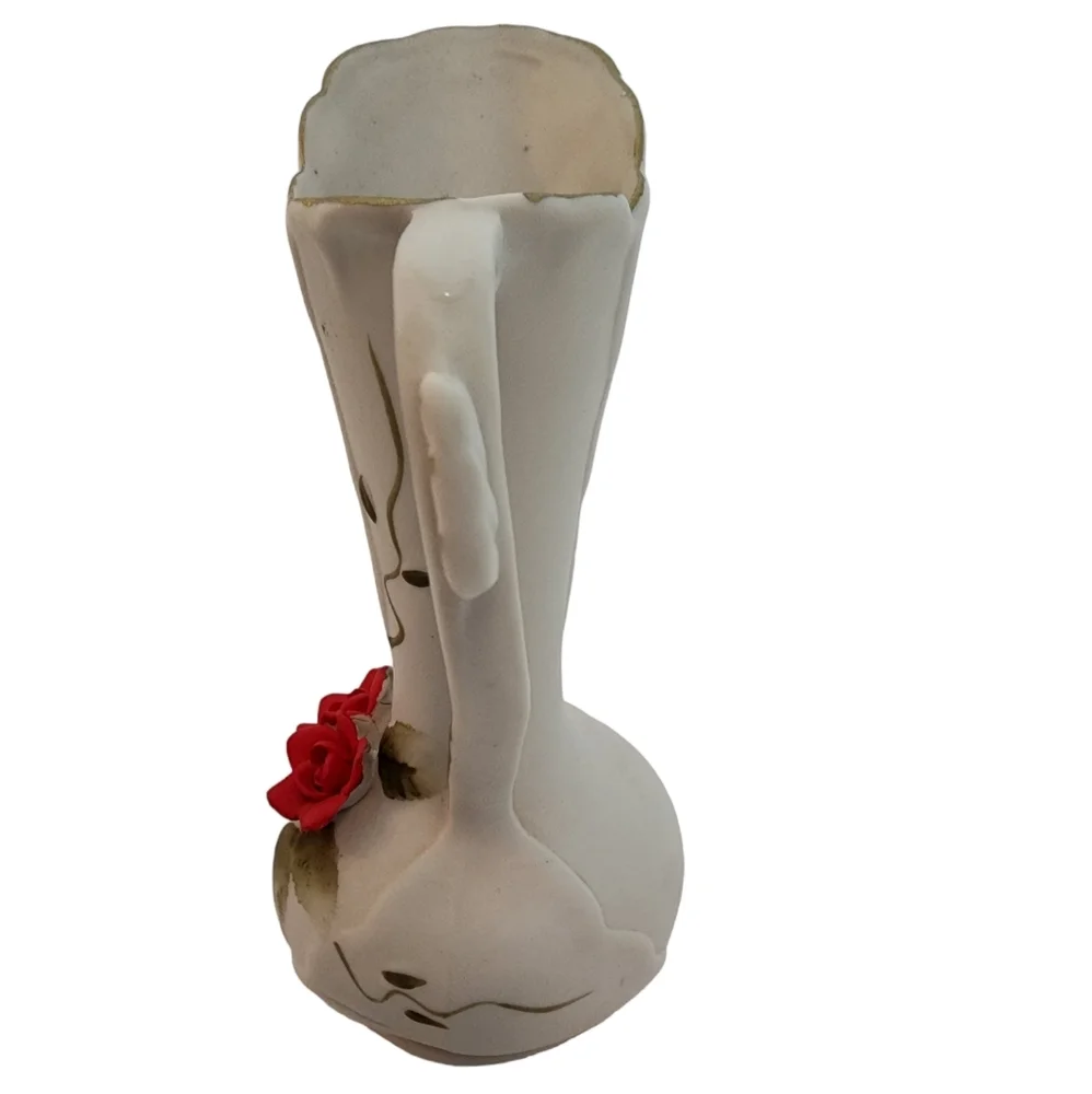 VINTAGE White Red Roses Bisque Pitcher Vase